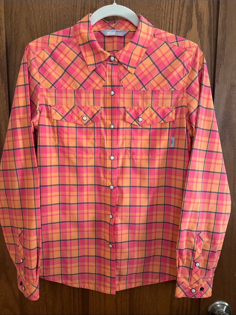 Stio women’s Orange, Pink Plaid Pearl , and navy Snap Front Shirt